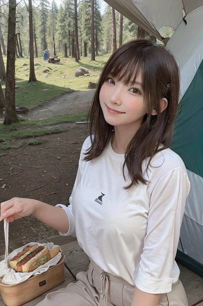 masterpiece, High Resolution, girl,Having a meal, Colorful outdoor wear, (A woman who loves traveling), forest, wood, mount, tent, picnic, adventure ,smile,Solo Camping