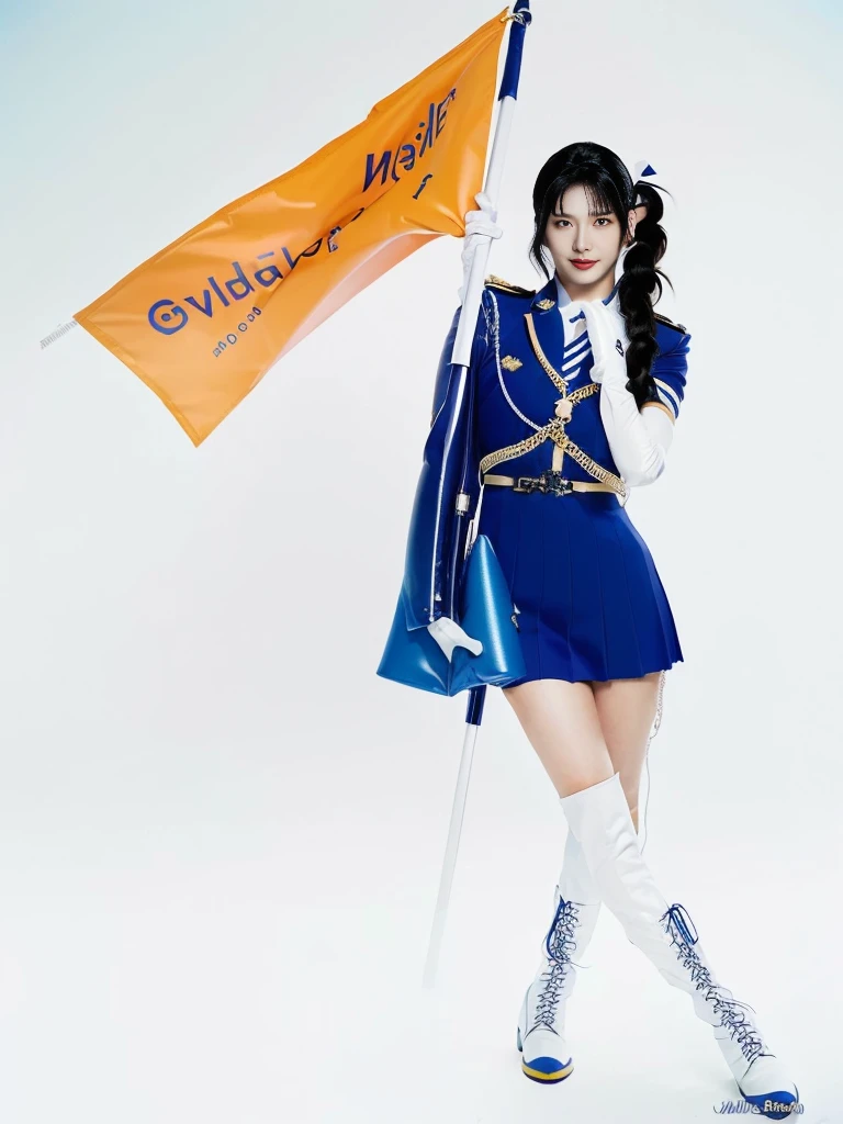 A woman dressed as a Color Guard poses with a flag, yayoi kasuma, Seifuku, A girl dressed in color guard uniform,White braided boots、White Leather Gloves、 blue, Charming Jill Valentine, Misato katsuragi, Ayaka Cosplay, High Quality Rendering, Advertising images, Faye Valentine, Promotional Rendering, Ultra-high resolution, fubuki, sakimichan, Full body close-up shot