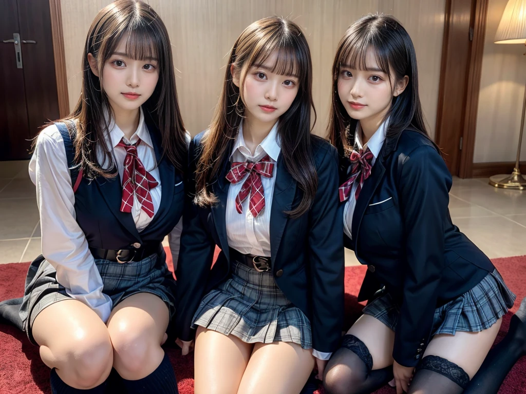 (8K, Raw photography, top-quality, masterpiece:1.2), master piece, best quality, illustration, Super detailed, fine details, High resolution, 8K,wall paper, perfect dynamic composition,(Details High quality, realistic depiction of eyes:1.3), ((2 girls, 2 schoolgirls)), The background is a luxury hotel room、High school girl uniform、blazer 、Super Short Check Uniform Skirt、Navy blue high socks、garterbelts、Colossal tits、Disturbed uniform, Play with each other,Touching each other's bodies,Touching the body of the girl next door, short bob hair, black hair color, huge breasts, Big Natural Color Lip, bold sexy pose, (perfect body shape), crying a little、cold gaze, Beautiful makeup,glitter makeup,Cutest 18 years old, beautiful legs, hposing Gravure Idol, Voluptuous thighs