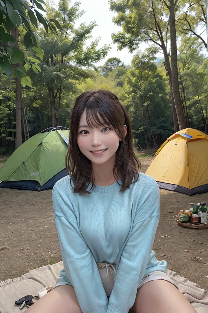 masterpiece, High Resolution, girl,There is a bonfire, Colorful outdoor wear, (A woman who loves traveling), forest, wood, mount, tent, picnic, adventure ,smile,Solo Camping