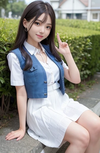 a lot of details, (slender waist), 30 years old, detailed black hair, beautiful detailed hair, super fucking beautiful, complex details beautiful and delicate eyes, perfect hands, (small breasts best quality), perfect and delicate limbs, detailed skin, best quality, ultra-detailed,full body shot,
theme park, happy, (smiling:1.2), (making a heart with hands:1.3), looking at viewer, hair between eyes, (white blouse), (blue vest), (white skirt), Japanese, Joyful Scene, with a flower, (dreamy atmosphere:1.3), front view, ground-level shot, sunlight