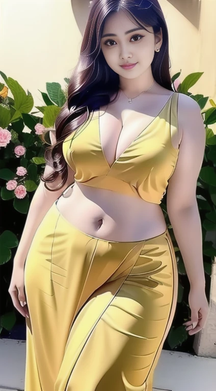 8K, Ultra-high detail, an indian girl, (((Large Breasts、Low-cut,Cleavage, Wide hips,)))((Long legs)),Hourglass figure)) Cute face, Happy, long hair, Impressive hairstyle, delicate eyes, Detailed lips, indian clothes, saree, golden saree, Lace, Wear jewelry, Natural background, Flowers, afternoon, shadow, The weather is sunny, Full body capture,