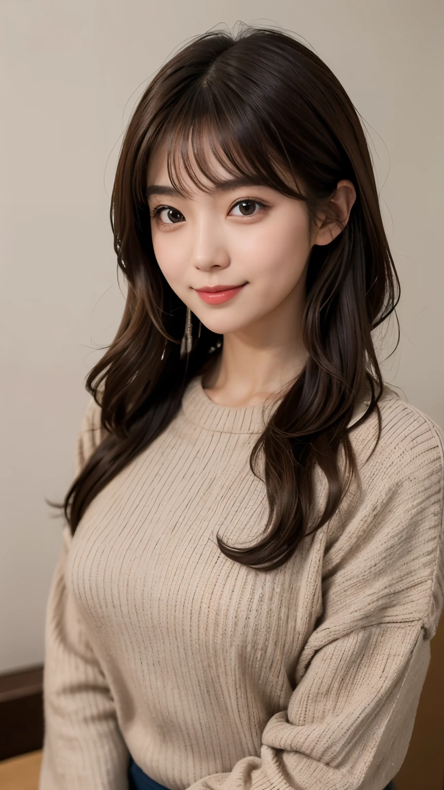 Top quality, 1 beautiful woman, Japanese, brown hair,Bell-sleeve-sweater,
Straight Hair,Half Smile,Upper Body