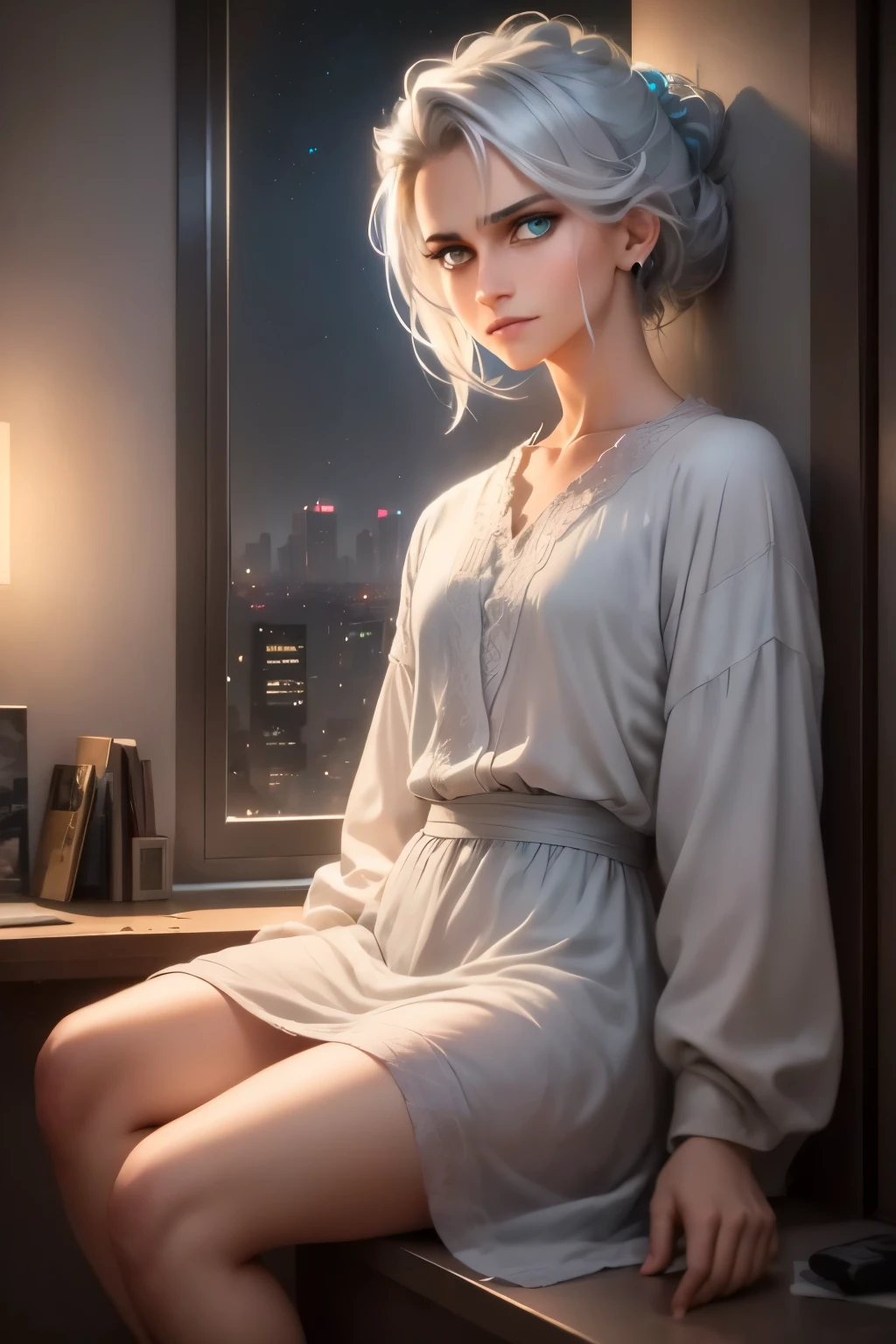 (masterpiece), best quality, cyan eyes, light grey hair, expressive eyes, Holhaya, sitting in highrise apartment room, night sky, city landscape, looking at viewer, city lights, window, highlight, dramatic lights, calm face,