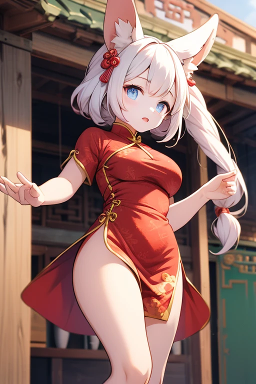 Animal ears girl A Chinese dress with a delicate red pattern Big Breasts Roundhouse kick The dress flutters