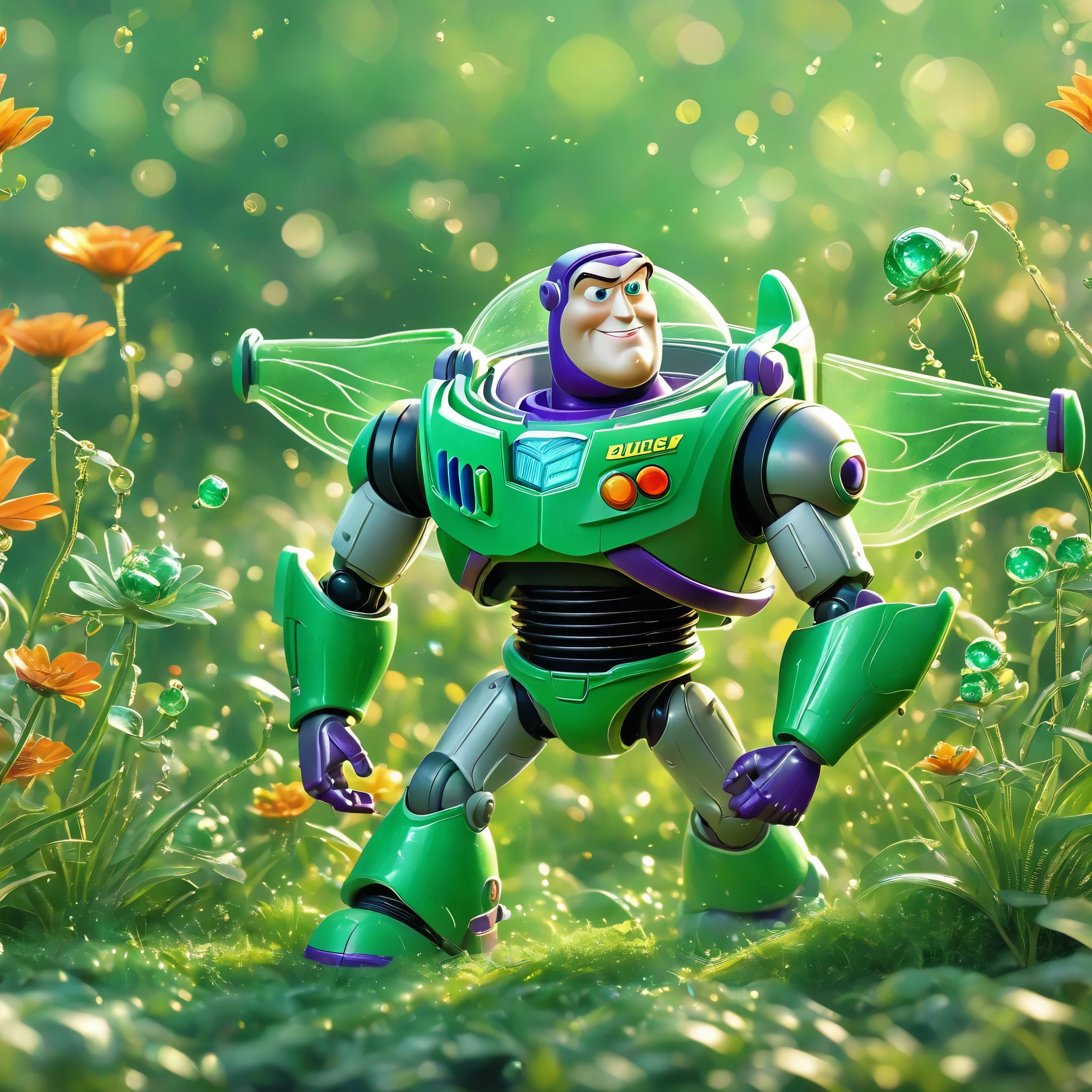 best quality, very good, 16K, ridiculous, Extremely detailed, Gorgeous Emerald Buzz Lightyear， Background grassland（（A masterpiece full of fantasy elements）））， （（best quality））， （（Intricate details））（8k）