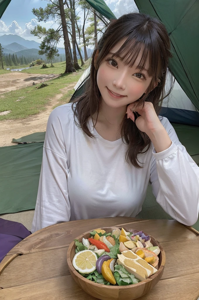 masterpiece, High Resolution, girl,Having a meal, ((Colorful outdoor wear)), (A woman who loves traveling), forest, wood, mount, tent, picnic, adventure ,smile,Solo Camping