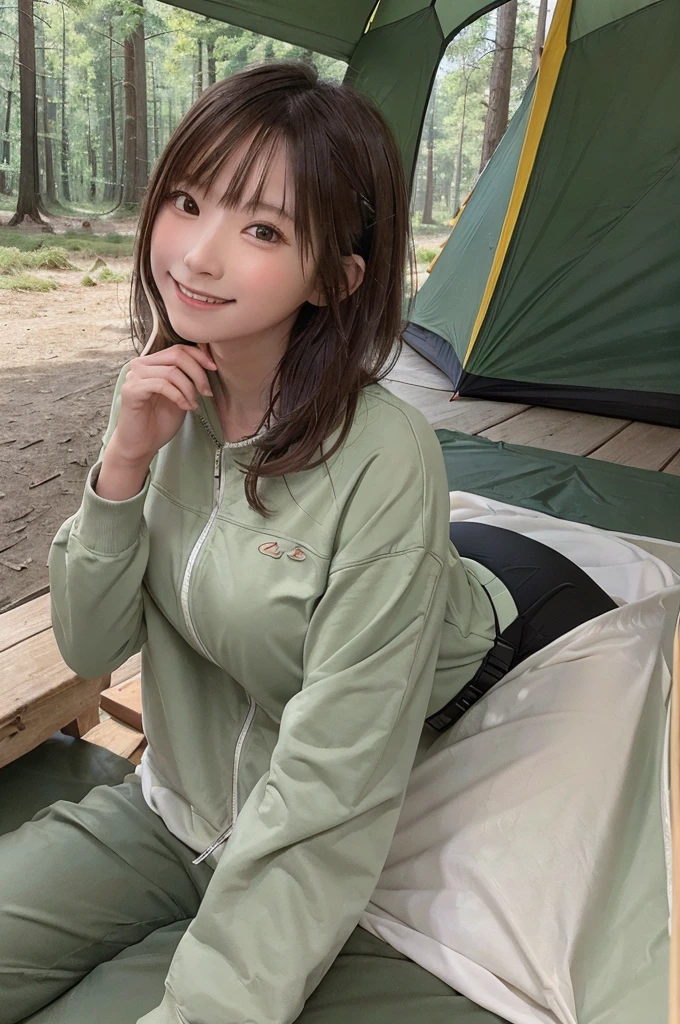 masterpiece, High Resolution, girl,Having a meal, ((Colorful outdoor wear)), (A woman who loves traveling), forest, wood, mount, tent, picnic, adventure ,smile,Solo Camping