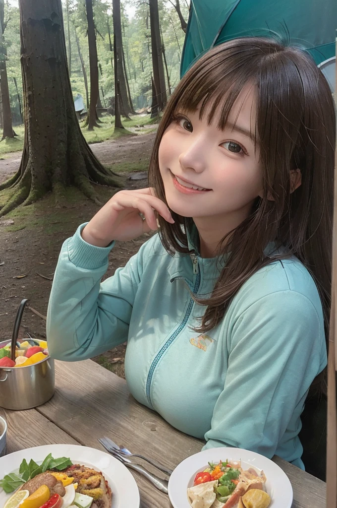 masterpiece, High Resolution, girl,Having a meal, ((Colorful outdoor wear)), (A woman who loves traveling), forest, wood, mount, tent, picnic, adventure ,smile,Solo Camping