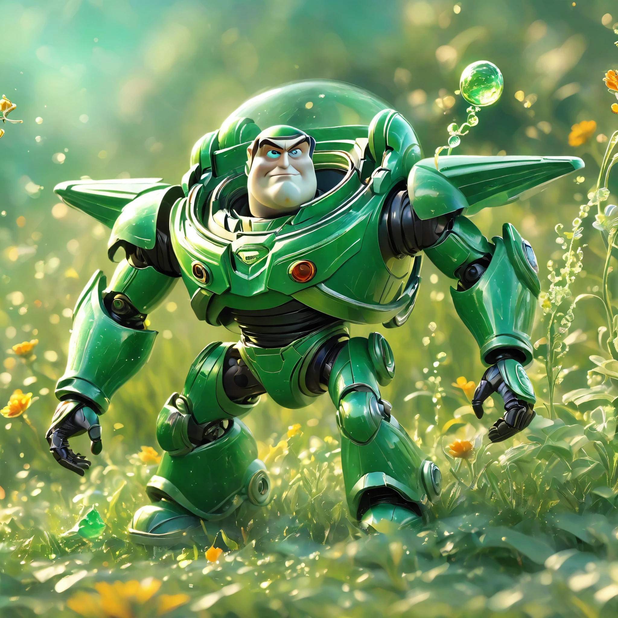 best quality, very good, 16K, ridiculous, Extremely detailed, Gorgeous Emerald Buzz Lightyear， Background grassland（（A masterpiece full of fantasy elements）））， （（best quality））， （（Intricate details））（8k）