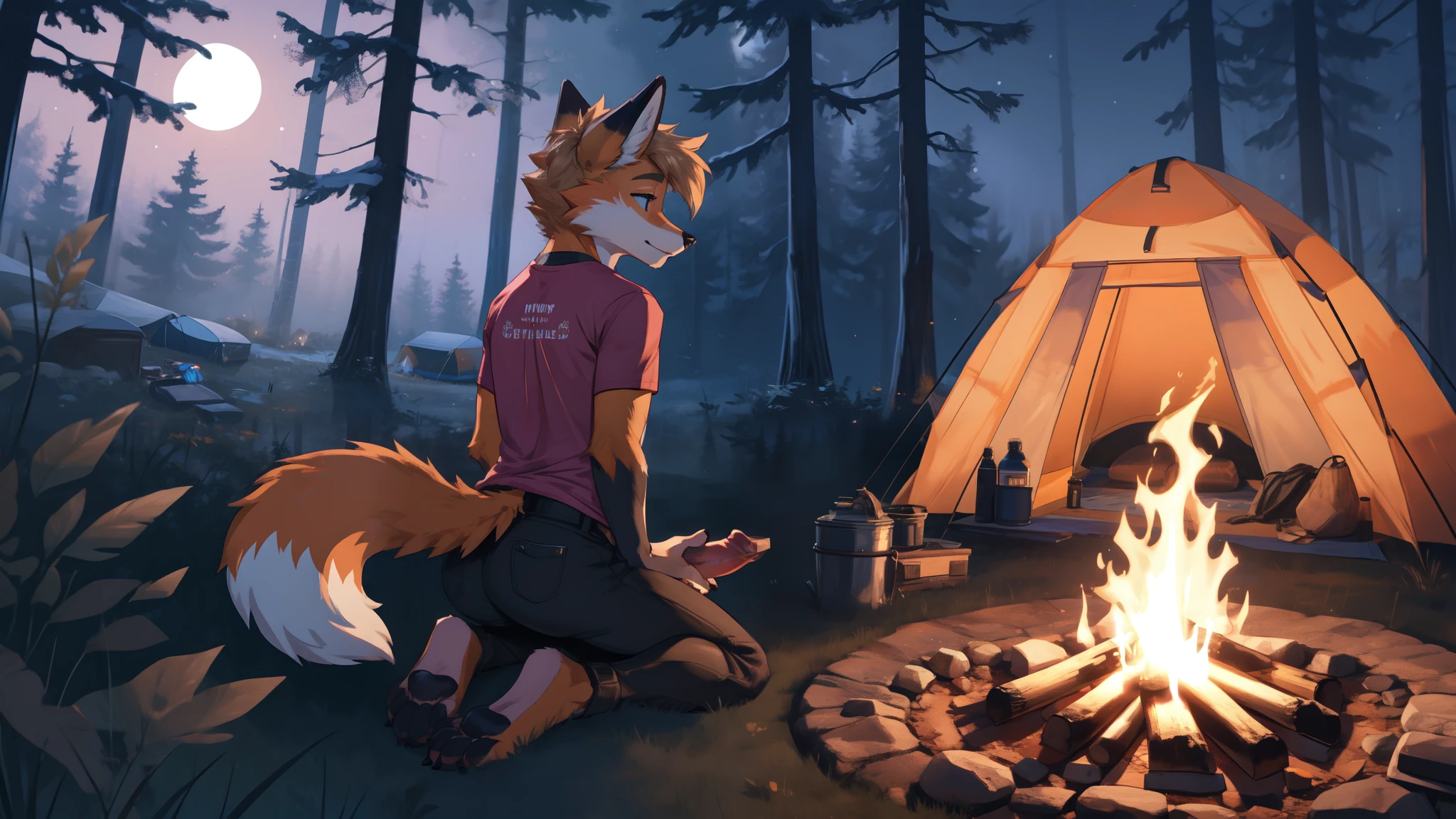 2 boys, Fox, femboy, girly, tight pants, tight t-shirt, butt, masturbation, canine penis, in the forest, campfire, tent on the background, night 