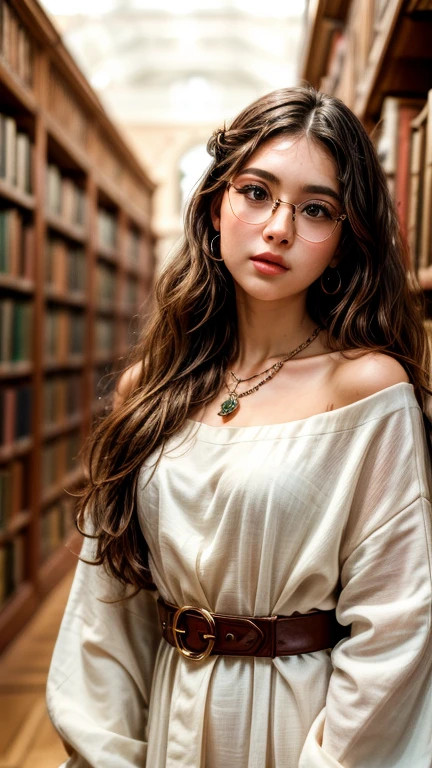 ((best quality)), ((masterpiece)), (detailed), (medium candid photoshoot), a perfect face goddess in an oversized dress walk in the library, eyeglasses, necklace, earring, long hair and a hairpin, real skin texture, ultra sharp, pay attention to the detail of the face finger and hair, detailed detail,