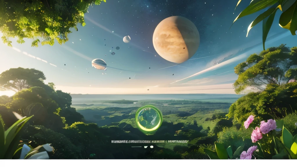 Concept poster,future technology,Green and livable life in space,Panoramic view of the globe in the middle of the composition surrounded by plants and flowers,Reflect healthy life,Green ecology,Business Life,The background includes Jupiter, Venus, etc.,OC Rendering,high quality,Best painting,8K