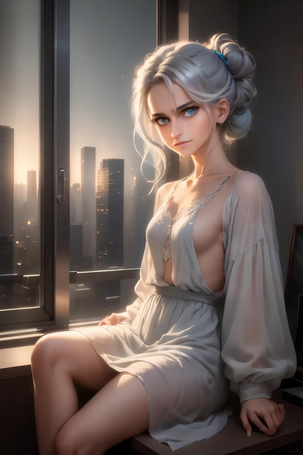 (masterpiece), best quality, cyan eyes, light grey hair, expressive eyes, Holhaya, sitting in highrise apartment room, night sky, city landscape, looking at viewer, city lights, window, highlight, dramatic lights, calm face,