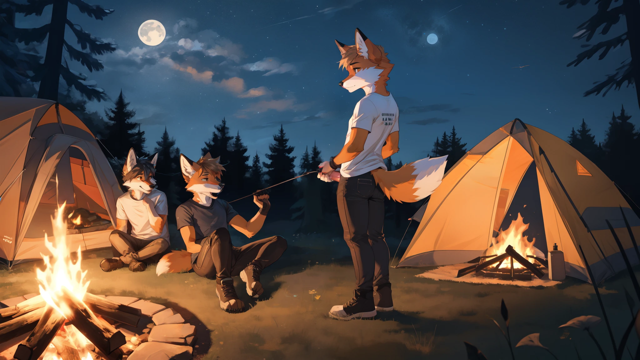 2 boys, Fox, femboy, girly, tight pants, tight t-shirt, butt, masturbation, canine penis, in the forest, campfire, tent on the background, night 