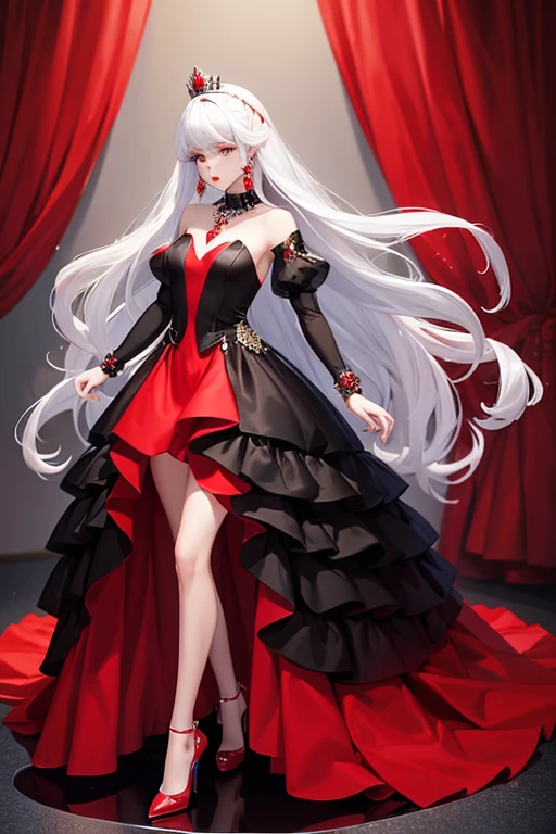 cute,pretty,fashional,girl,with red lips,jeweled dress,red,black,opal,with a crown,long puffy dress,high heeled shoes
