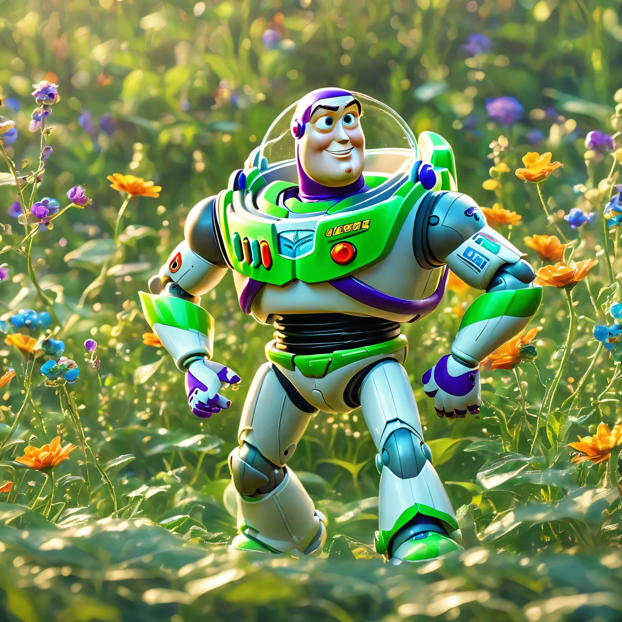 best quality, very good, 16K, ridiculous, Extremely detailed, Gorgeous Buzz Lightyear， Background grassland（（A masterpiece full of fantasy elements）））， （（best quality））， （（Intricate details））（8k）