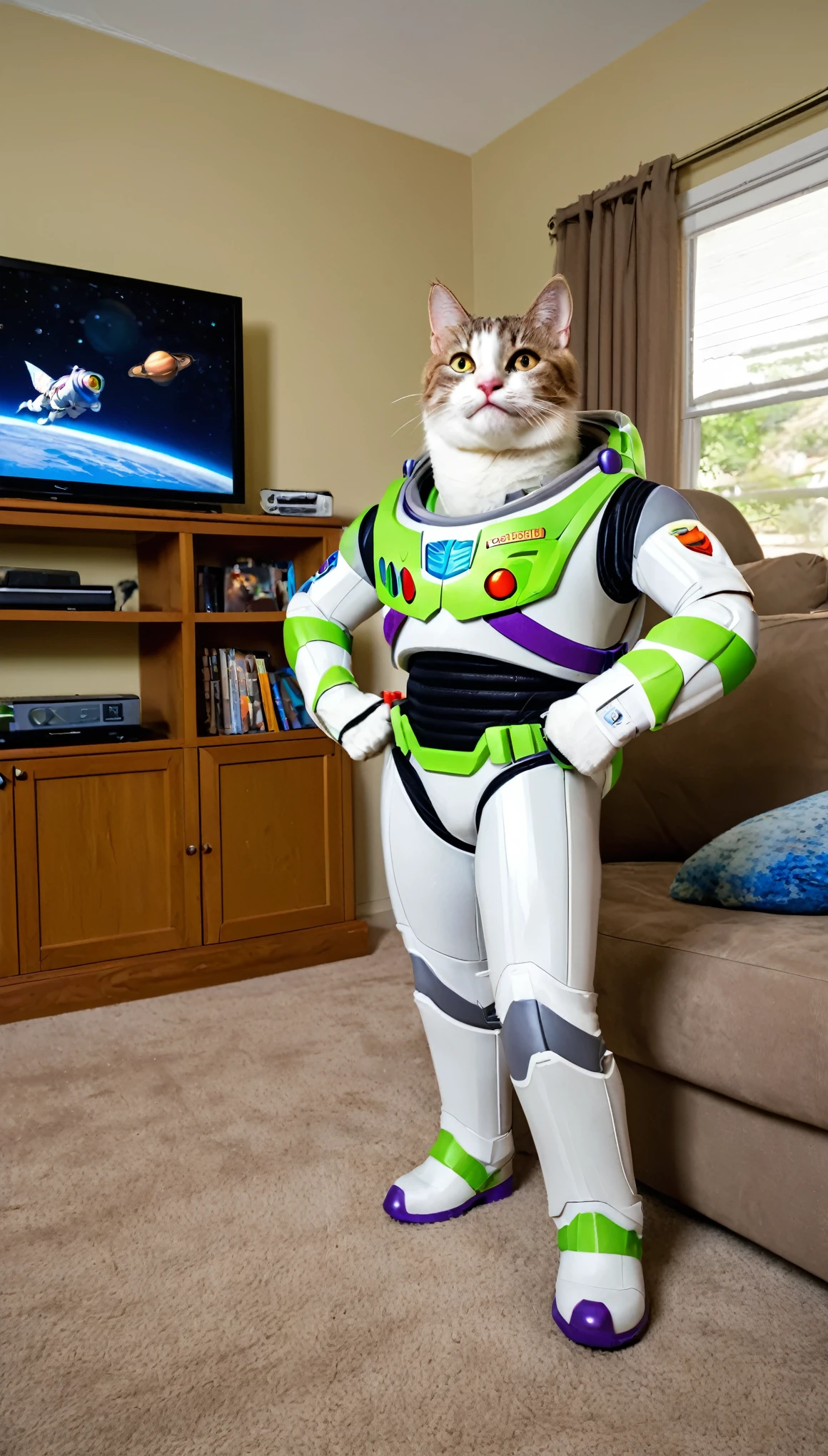 Buzz Lightyear, interstellar commander, decided today to embark on a space adventure at home. He put on a spacesuit, held a laser gun, and stood in front of the TV watching space exploration. He announced his departure and jumped into the "space capsule" (a large cardboard box) to simulate evading asteroids and meteorites. Encountering an extraterrestrial creature (kitten), he was ready to attack, but the kitten only took a nap. Buzz Lightyear laughed and realized it was a game, but it brought fun. He returned to the TV to continue watching, understanding that adventure lies in the process rather than the destination. Buzz Lightyear smiled with satisfaction. Buzz Lightyear, interstellar commander, space adventure, living room, spacesuit, laser gun, TV, space exploration, sofa, spacecraft, asteroid, meteorite, extraterrestrial creatures, kitten, fun, imagination, memories, growth, experience, pursuit, (masterpiece, best quality:1.2),8K, extremly detailed