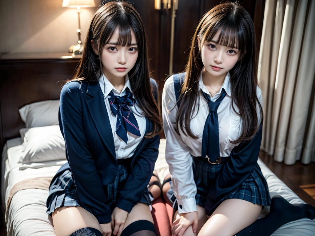 (8K, Raw photography, top-quality, ​masterpiece:1.2), master piece, best quality, illustration, Super detailed, fine details, High resolution, 8K,wall paper, perfect dynamic composition,(Details High quality, realistic depiction of eyes:1.3), ((2 girls, 2 schoolgirls)), The background is a luxury hotel room、High school girl uniform、blazer 、Super Short Check Uniform Skirt、Navy blue high socks、garterbelts、Colossal tits、Disturbed uniform, Play with each other,Touching each other's bodies,Touching the body of the girl next door, short bob hair, black hair color, huge breasts, Big Natural Color Lip, bold sexy pose, (perfect body shape), crying a little、cold gaze,  Beautiful makeup,glitter makeup,Cutest 18 years old, beautiful legs, hposing Gravure Idol, Voluptuous thighs
