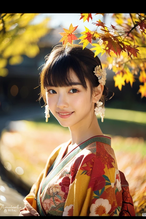 (Realistic:1.3), Rembrandt Lighting, (masterpiece:1.2), (photoRealistic:1.2), (highest quality), (Detailed skin:1.3), (Intricate details), Ray Tracing,One girl, Japanese Girls, 21 years old, Detailed skin texture, (blush:0.5), Scattered beneath the surface, smile, Updo, bangs, Hair between the eyes, hair ornaments, kimono, Floral print, Wearing edgJF_kimono, seiza (Bright sunny day, Autumn scenery, Autumn Tree々and leaves, (It was transparent:1.2)