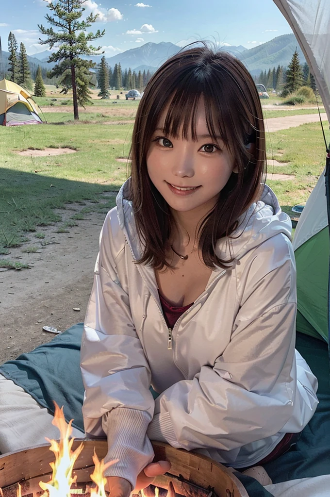 masterpiece, High Resolution, girl,There is a bonfire, ((Colorful outdoor wear)), (A woman who loves traveling), forest, wood, mount, tent, picnic, adventure ,smile,Solo Camping