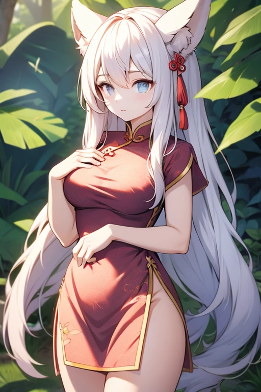 Animal ears girl A Chinese dress with a delicate pattern Big Breasts Standing in front of the dragon