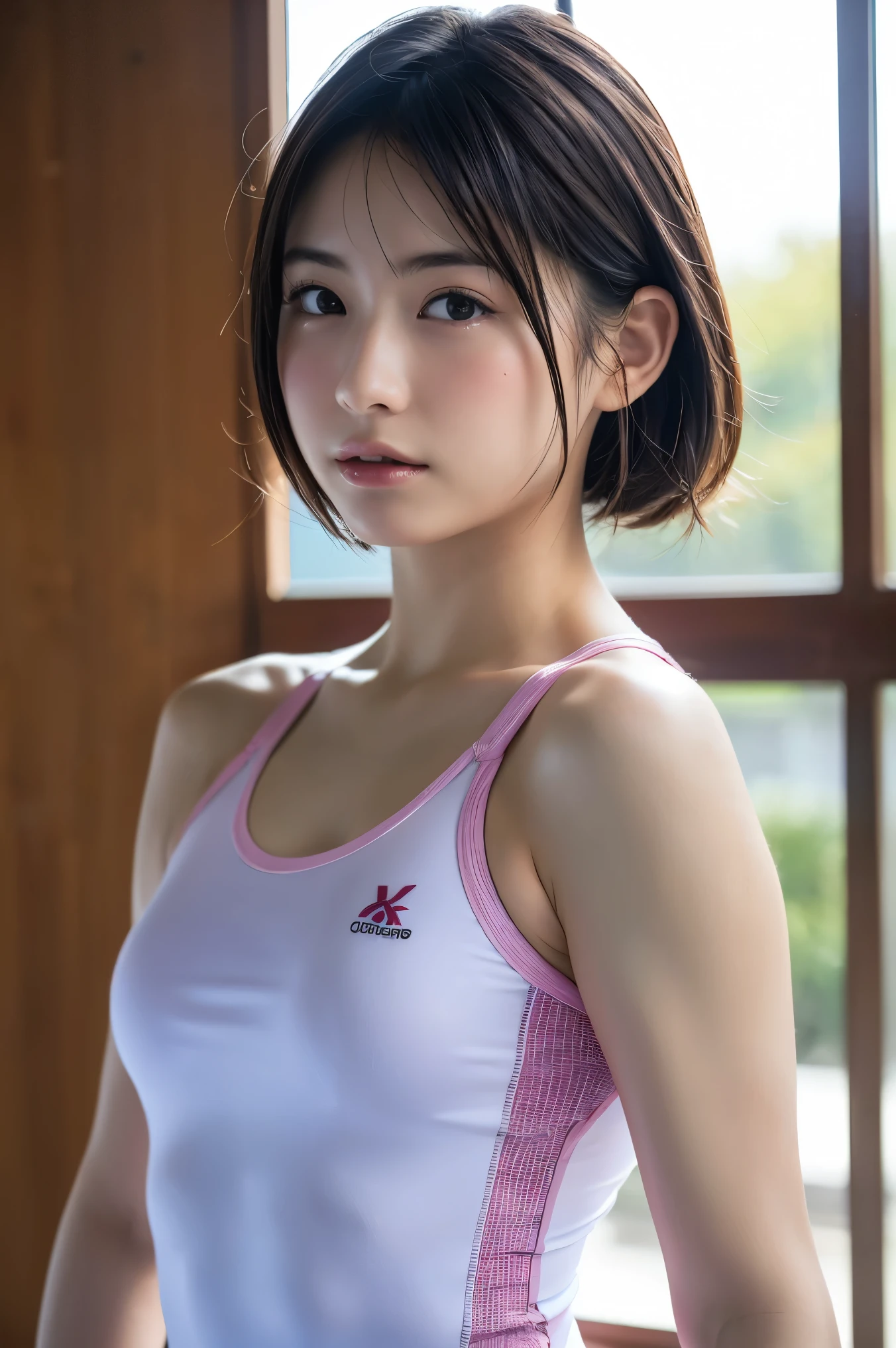 (8k, RAW Photos,highest quality, High resolution:1.1), (Super realistic:1.4),(Realistic, Realistic:1.3),Japanese beauty、((Upper Body:1.3))、Naked Gymnastics Team - flexible leotards and grips