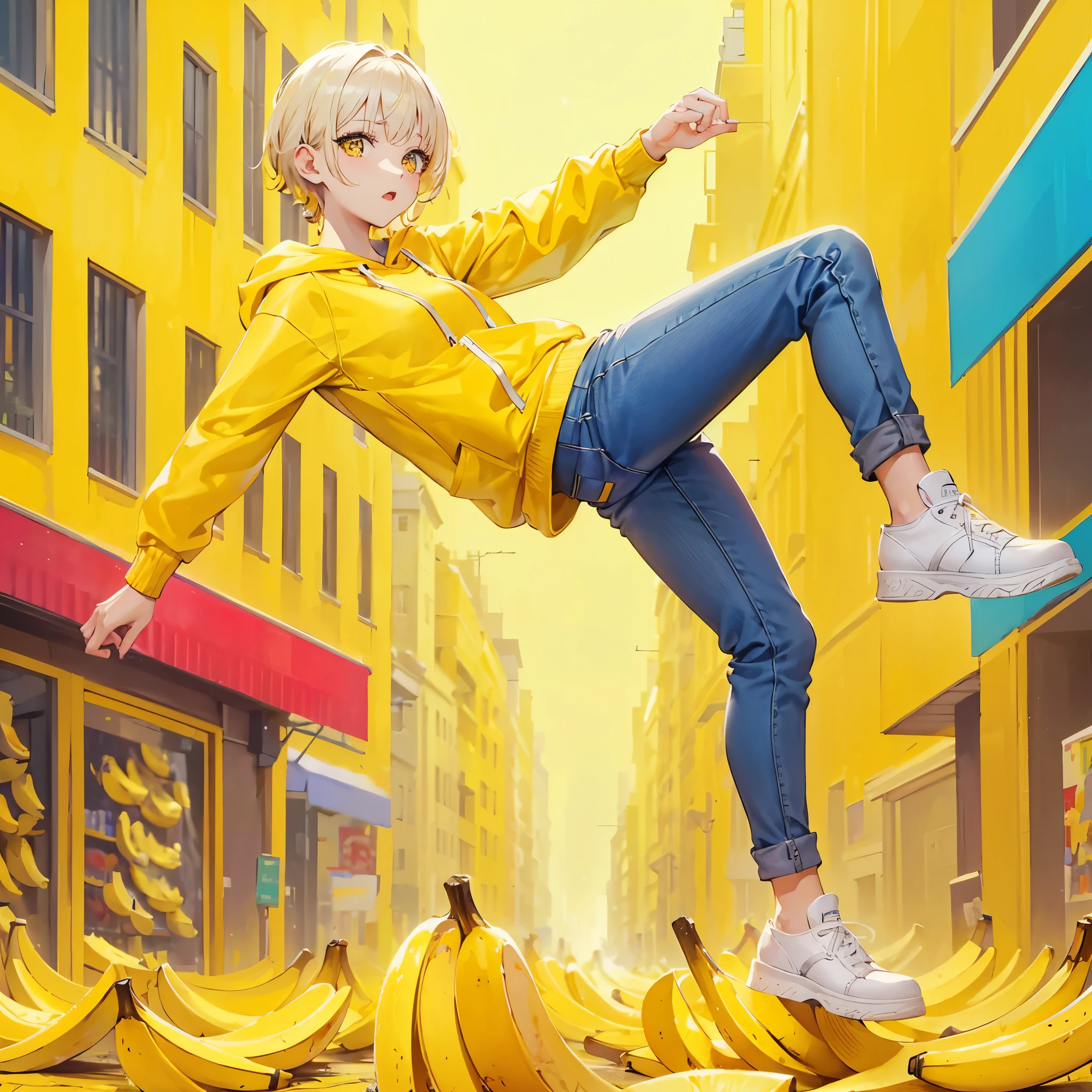 Top Quality, Masterpiece, 8K, surprised face, behind the woman is a store selling bananas, a lot of banana peels are on the ground, the woman is stepping on a banana peel, she manages to stand on one leg, she is wearing a yellow hoodie, short yellow hair, princess cut, yellow eyes,