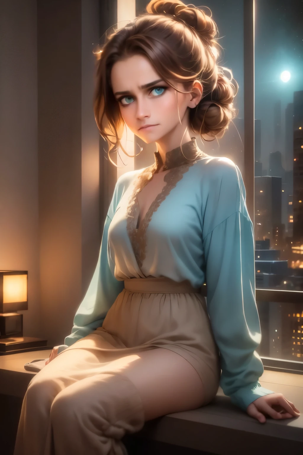(masterpiece), best quality, cyan eyes, light brown hair, expressive eyes, Holhaya, sitting in highrise apartment room, night sky, city landscape, looking at viewer, city lights, window, highlight, dramatic lights, calm face,