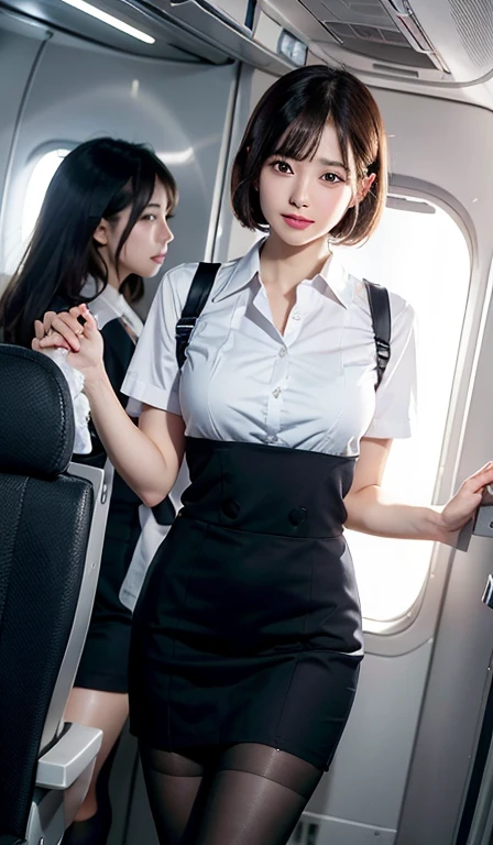 8K, masutepiece, Raw photo, Best Quality, Photorealistic, High-definition CG unified in 8K, 8K, Diamond, and wallpapers, depth of fields, Cinematic Light, Lens Flare, Ray tracing, (Extremely beautiful face, Beautiful lips, Beautiful eyes), intricate detail face, ((Ultra detailed skin)) 1girll, In the Dark, deepshadow, Pretty Korean girl, Kpop Idol, Photograph of a woman standing in an airplane aisle,Flight attendants at work、Wearing a white flight attendant uniform,Tying up hair、God One、Hairpin、grey skirt、scarf、pinafore、Stewardess、skirt by the,(Very slim:1.3), (Black pantyhose:1.3),Standard flight attendant uniform in indigo color, ((Colossal tits:1.0)),Bajra、being thin,red rip,黑The eye,(unholy:0.9),cross leg,(Textured fabrics:0.9),looking at viewert, (pale skin), (Big eyes),(ssmile:0.8),Flirting with the camera,(Metallic fabric:0.5),very intricate,(realisticlying,primitive:1.5), facial detailing, low quality photograph, highly contrast, In-flight, slender, bow-shaped, 、Black stockings、Absolute area、Slender big、Brown-eyed、For glitter、Very short shorthair、Show off your beautiful legs、Focus on the thighs、Seduction Pose、Black stockings、Clean collarbone