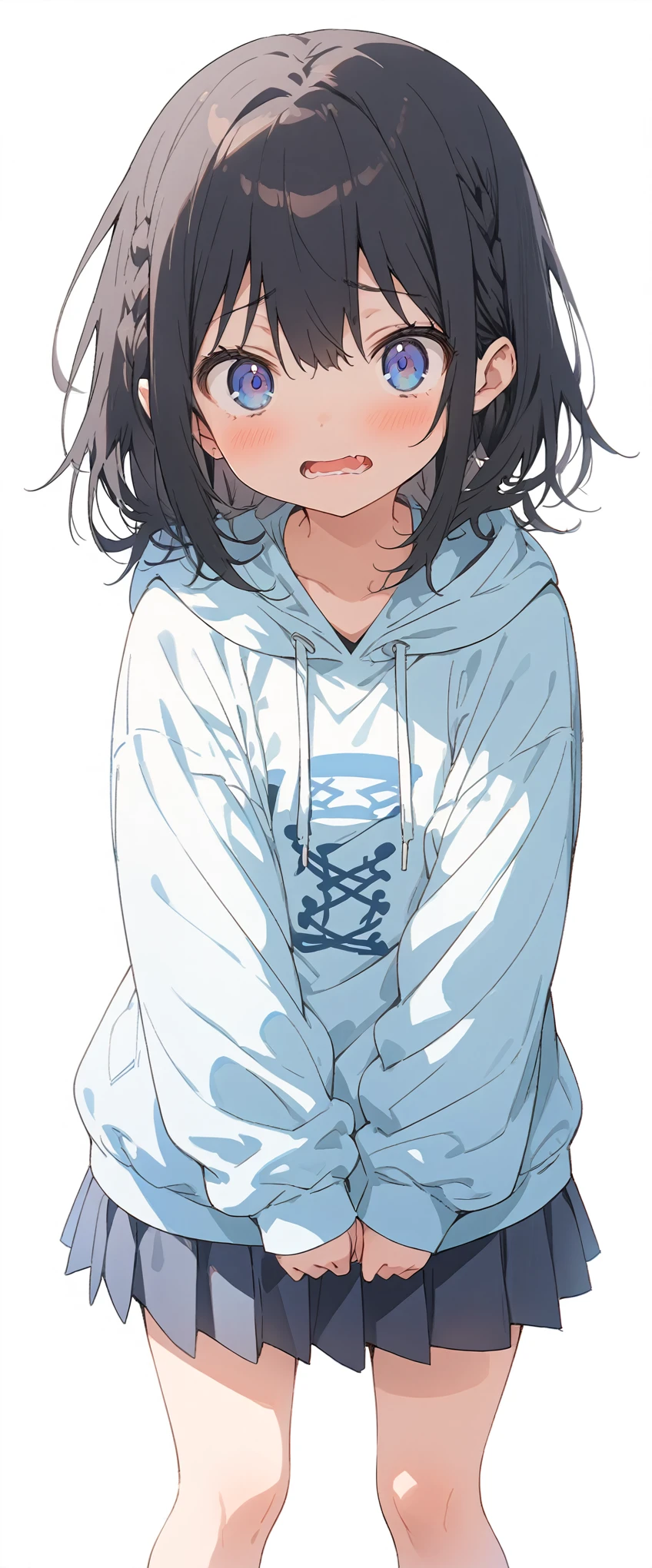 White background、Solid white background、Blank background、just standing girl, only one girl、Full body shot from the front,Ultra-high resolution, highest quality,fish-bone braid hair、Fishbone Hair、Flat Chest、beautiful detailed eyes、black hair、Black hair × Blue eyes、blue eyes、Troubled face、 Open your mouth、 Plain white hoodie、Black pleated skirt、barefoot
