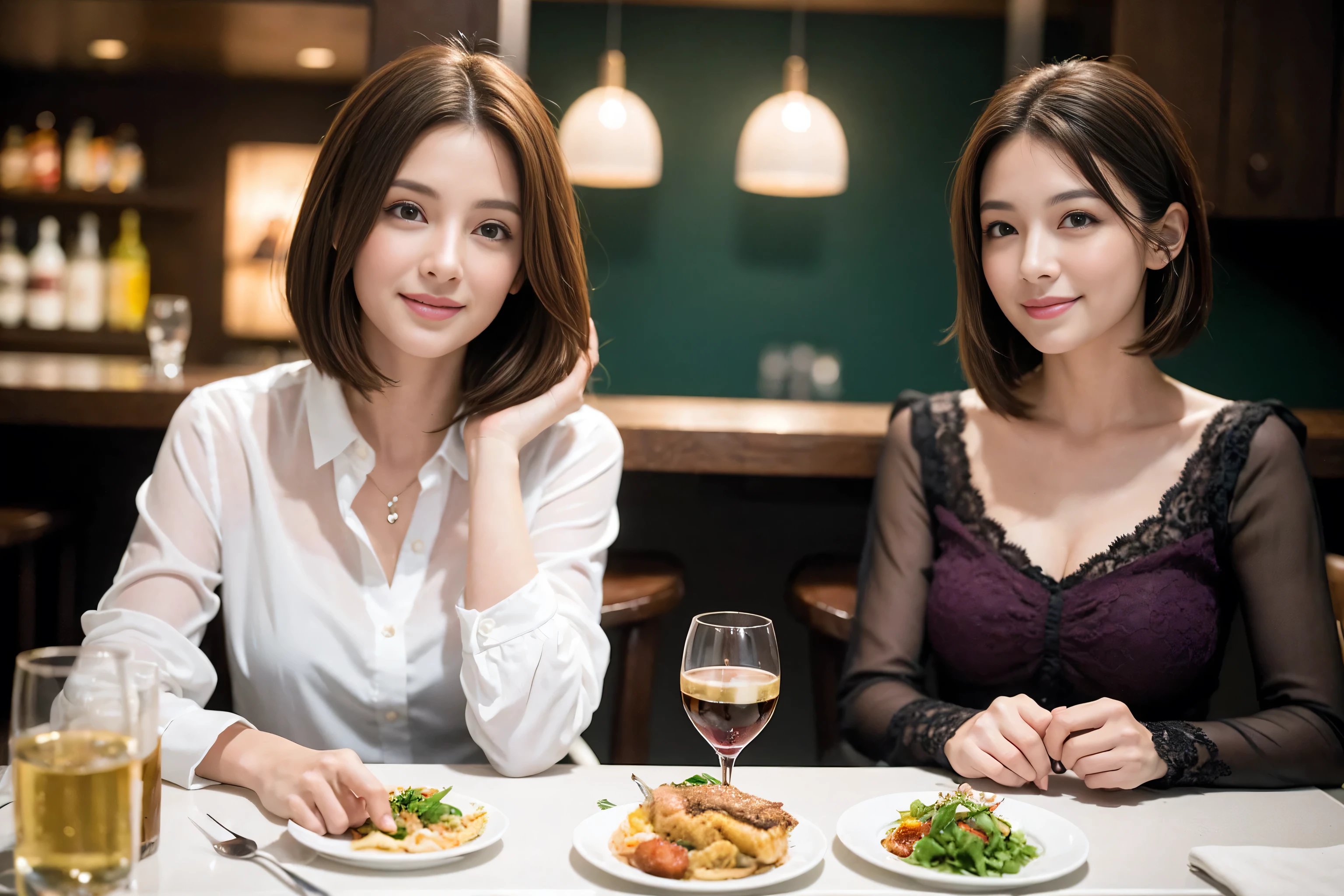 ((highest quality、8k、masterpiece:1.3))、wine 、1 male 1 female、couple、Lovers couple、Slim body、((Bob Hale、Straight hair:1.2)), (Realistic, Intricate details:1.2), テーブルにWine Glass、Shine light on your face、 Amazing view of the sunset sky and clouds、Amazing mountain views、A bright smile、The wonderfulness of smile、Bright image、The beauty of wine, Beautiful Face, blue eyes, The light shines on your face, Blushing, short hair,Bright Face、 (Age 37), 39 years old, Red wine 、Appetizers、Italian food、wine bottle、Champagne、Sparkling wine、Two beauties、Brown Hair、Shortcuts、Long sleeve shirt、dress、Pretty Woman 1, (Slim face), (The body is slim), (Brown Hair), (Shortcuts), cheeks turn a little red,Attractive beauty、restaurant, In a prominent place (From the waist up) Nova Frog Style, actress, model, Upper Body, White wine, slim, Wine Glass, 真ん中に置かれたWine Glass, smile, (smile: 1.15), Beautiful fine grain, Depth f/2,saturation, High Contrast, Strong light and shadow,Moist Body:1.5、3D texture、Delicate eyes、Brown Hair、The hair is very shiny、