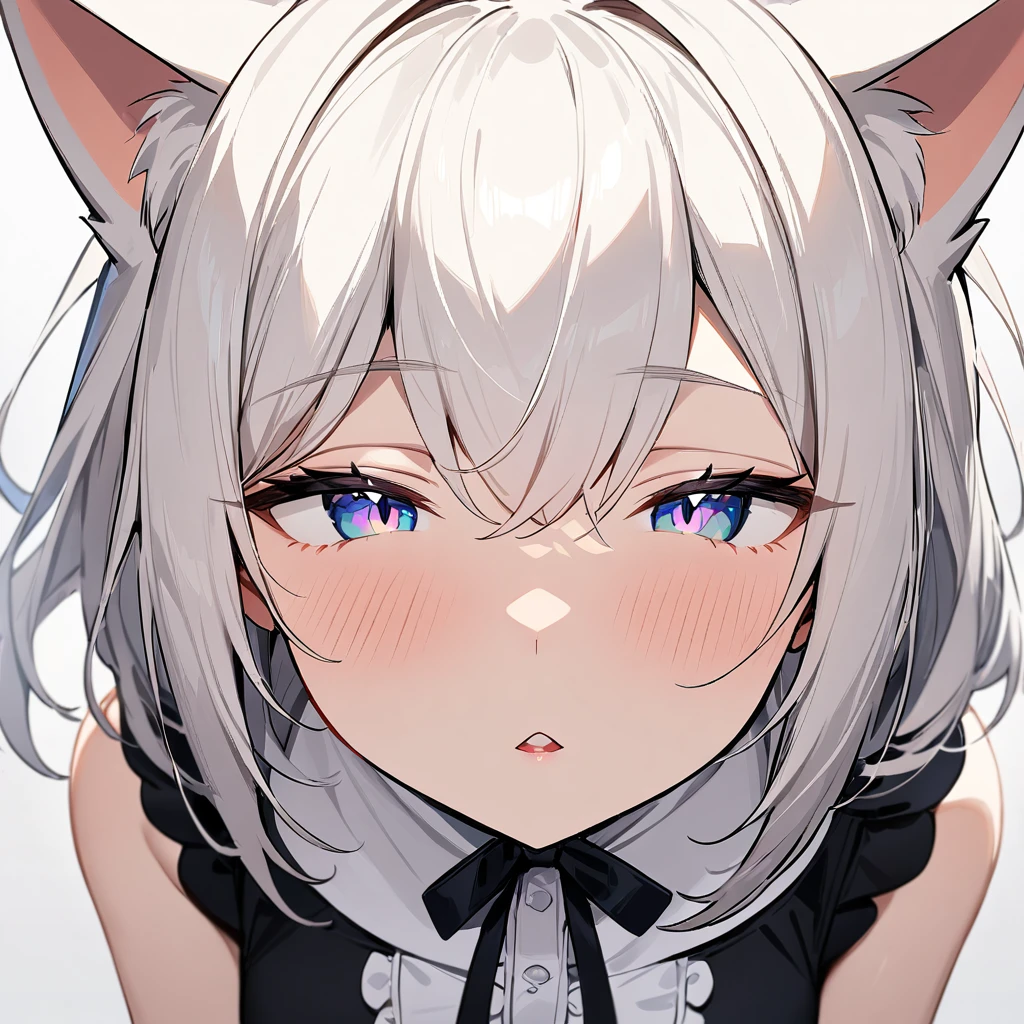 1girl,pov,all fours,Cat ear,Slit pupil,masterpiece,best quality, very aesthetic,absurdres,highlight,center frills,cat ear,medium shot,looking at viewer,half closed eyes,front view,Parted lips,kiss,Dutch angle,straight-on,White hair,arms,imminent kiss