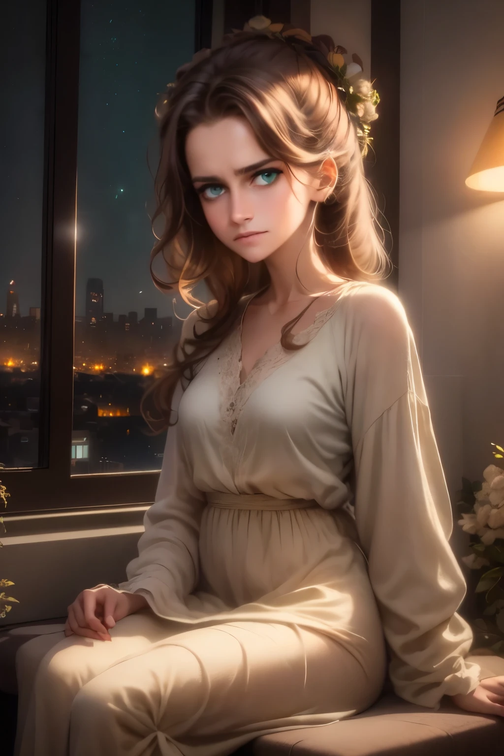 (masterpiece), best quality, dark green eyes, light brown hair, expressive eyes, Holhaya, sitting in highrise apartment room, night sky, city landscape, looking at viewer, city lights, window, highlight, dramatic lights, calm face,