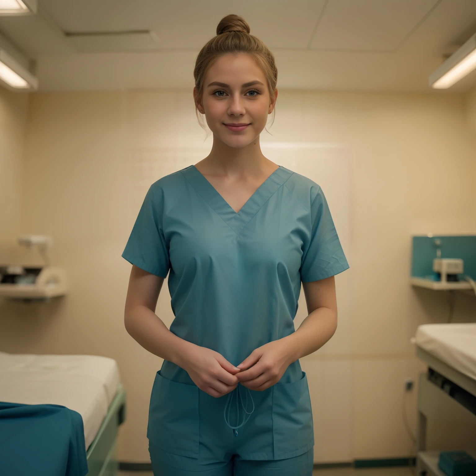 A Realistic Portrait, of a tenager girl, 13 years old (Lady Oscar=, blonde hair,, as surgical nurse, Beautiful, detailed face, detailed eyes, (realistic skin:1.3), (pale skin:1.1), (textured skin:1.3), (()), big smile, (iphone photograph), (perfect small breasts:1.1),  (artificial lighting:1.3),  looking at the camera, perfect slim body, amateur Photography, Photorealistic, Detailed, analog, poor quality, grainy, standing in operation room, wearing dark-teal surgical scrubs, wide angle, showing full body, short hair tied up, hair bun, hair tied as chignon