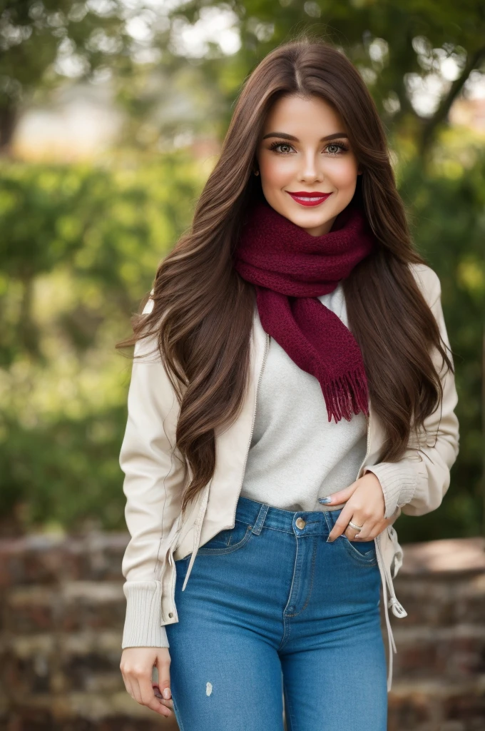 Casual photograph, best quality, 8K, hyper detailed, full body, A close up portrait of a Gorgeous, charming, alluring, graceful, majestic, classy, stylish, flowing super long brown haired argentinian woman. Flowing hair, silky hair, glowing hair, ethereal argentinian beauty, exotic argentinian beauty, timeless argentinian beauty, dream argentinian beauty. She has the cutest face, beaming countenance, fair porcelain skin, soft make-up, red lipstick, she is wearing a burgundy leather jacket, sweater, scarf, skinny trousers, and boots. She's glad, happy, cheerful, joyful, angelical face, angelical beauty. Affectionate woman, tenderness and delicacy in person. She's at garden, having a coffee.
