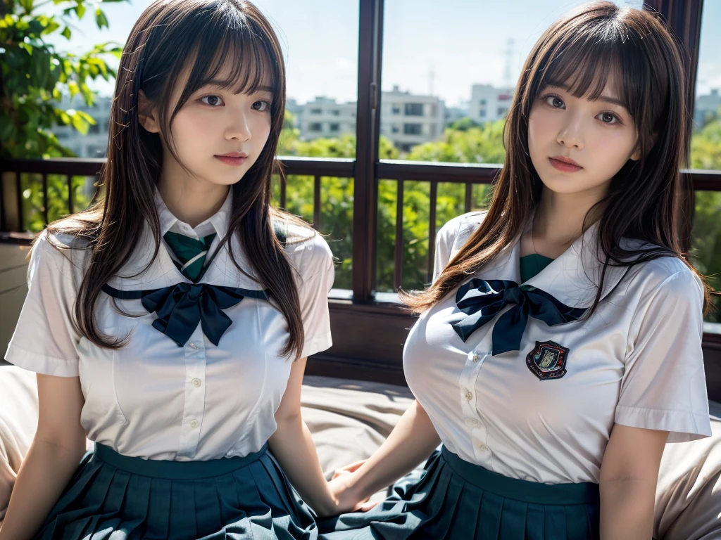(RAW photo, 4k, masterpiece, high resolution, extremely complex) (realistic: 1.4), cinematic lighting
 ((2 girls, 2 schoolgirls)),Slam Dunk's,blushing,((innocent)),bright eyes,round eyes,blunt bangs,(straight hair:1.3),black hair,large breasts,wide hips,Summer Noon, ,Hot, (Best Quality), (Highres), (an Extremely Delicate and Beautiful),(Beautiful 8k face),(Brown eyes),short bob hair,( spectators),(gigantic breasts),(Play with each other,Touching each other's bodies,Touching the body),(Japanese high school uniform:1.3),blue skirt,(reality),bright lighting,(The background is a luxury hotel room)