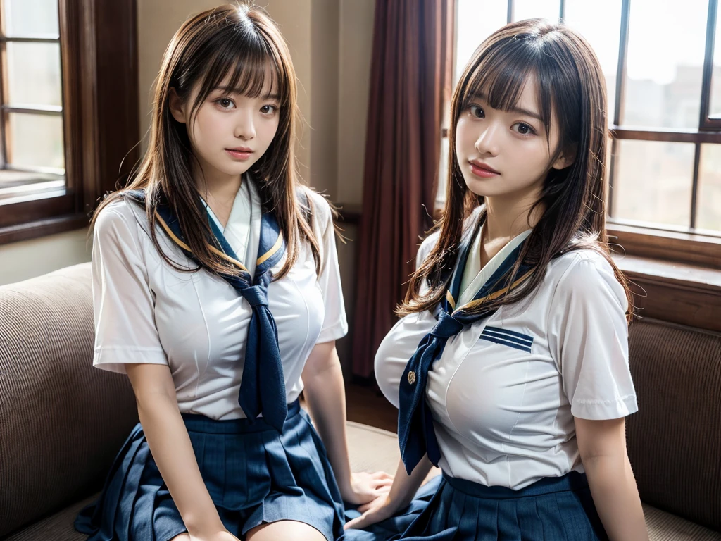 (RAW photo, 4k, masterpiece, high resolution, extremely complex) (realistic: 1.4), cinematic lighting
((2 girls, 2 schoolgirls)),Slam Dunk's,blushing,((innocent)),bright eyes,round eyes,blunt bangs,(straight hair:1.3),black hair,large breasts,wide hips,Summer Noon, ,Hot, (Best Quality), (Highres), (an Extremely Delicate and Beautiful),(Beautiful 8k face),(Brown eyes),short bob hair,( spectators),(gigantic breasts),(Play with each other,Touching each other's bodies,Touching the body),(Japanese high school uniform:1.3),blue skirt,(reality),bright lighting,(The background is a luxury hotel room)
