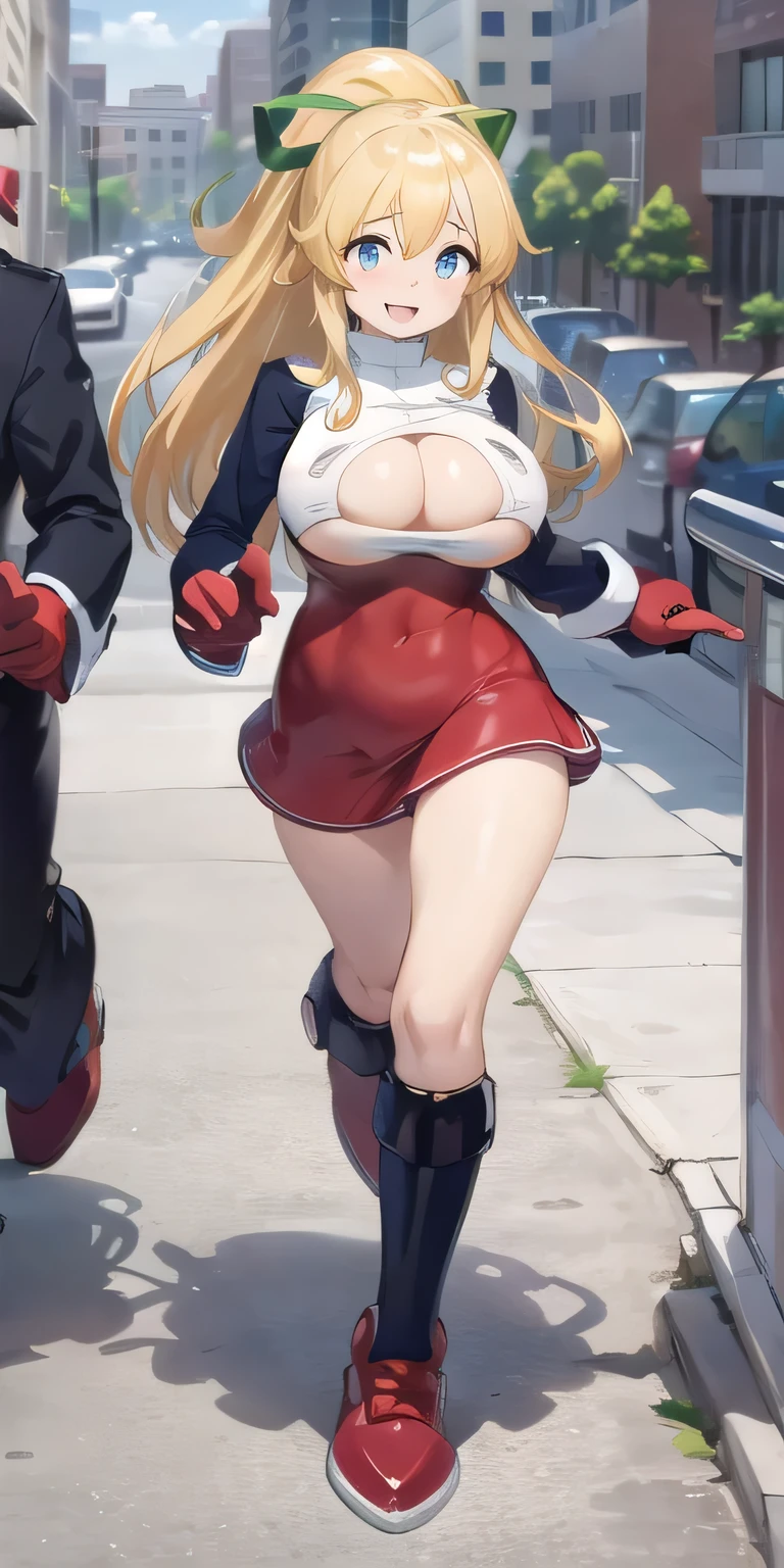 gigantic breasts,running,cleavge hearts cutout,city background,shy,cute smile,yellow long hair,show underboobs.long red gloves,view from above