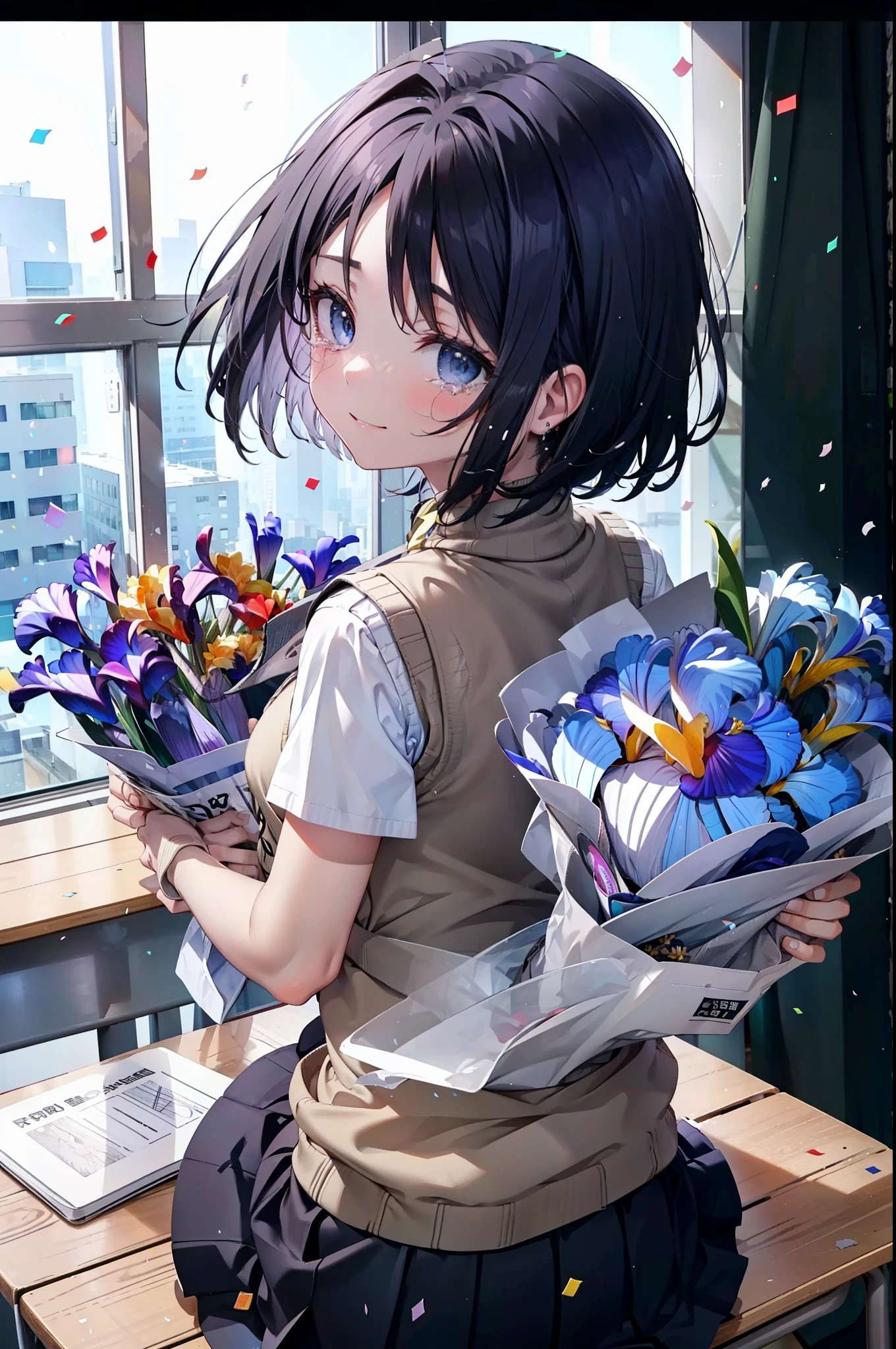 yuukikonno, Yuki Konno,Black Hair,short hair,Bob Hair ,Green headband,(iris:1.5), (Small breasts:1.2), smile,break skirt, shirt, bow, ribbon, , white shirt, Short sleeve, Pleated skirt, collared shirt, mini skirt, bowtie, 茶色のloafers , Black Skirt, Black Pantyhose, loafers, black bow, Sweater vest, (back Sweater vest:1.5),Tears stream down her face,Tears of joy,I cry a lot,whole bodyがイラストに入るように,holding a large bouquet of flowers in both hands,Confetti,
break indoors, School,classroom,
break looking at viewer, whole body,
break (masterpiece:1.2), highest quality, High resolution, unity 8k wallpaper, (shape:0.8), (Beautiful details:1.6), Highly detailed face, Perfect lighting, Highly detailed CG, (Perfect hands, Perfect Anatomy),