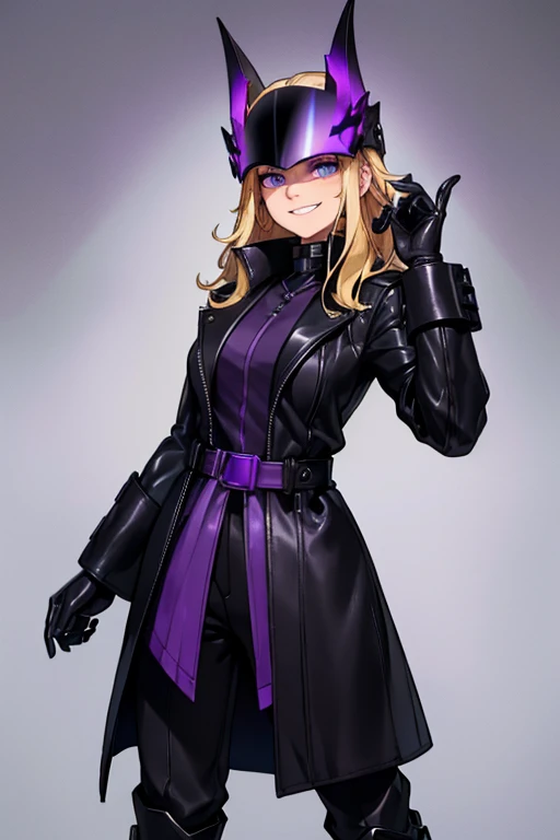 male, blonde hair, blue eyes, (((1girl))), (((black leather coat with purple trim))), (black pants), (black gloves), (black metal gauntlets), (black metal boots), (black helmet with purple visor), (black belt), long legs, smiling
