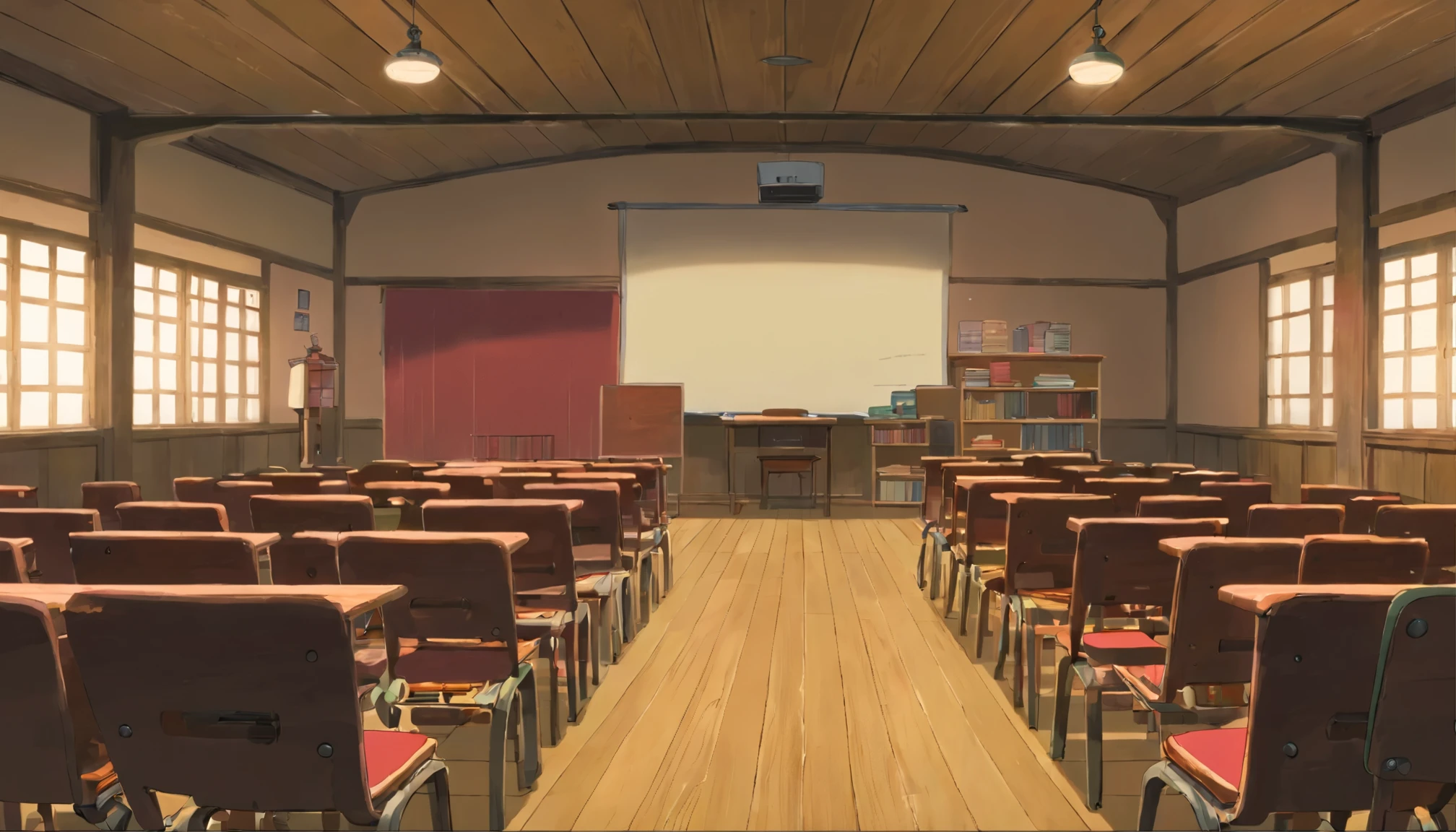 A 16:9 aspect ratio, Japanese anime-style background image of a cramped school meeting room with no windows. The room is empty, with no people or objects in it. The room is dimly lit by a few overhead lights. The walls are painted a light gray and the floor is covered in dark wood. There is a long, rectangular table in the center of the room, surrounded by chairs. The table is empty and the chairs are pushed in.

The only light in the room comes from the overhead lights. The lights are not very bright, and the room is mostly dark. The air is cool and still, and it smells faintly of dust and old books.