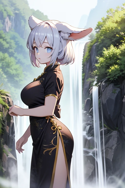 Animal ears girl A Chinese dress with a delicate design Big Breasts Training at the waterfall