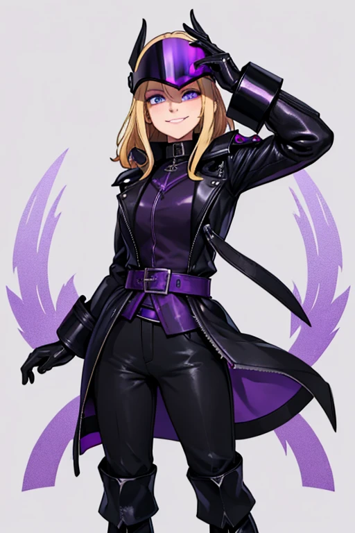 male, blonde hair, blue eyes, (((1girl))), (((black leather coat with purple trim))), (black pants), (black gloves), (black metal gauntlets), (black metal boots), (black helmet with purple visor), (black belt), long legs, smiling