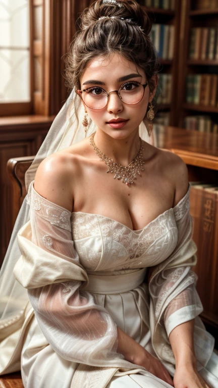 ((best quality)), ((masterpiece)), (detailed), (medium candid photoshoot), a perfect face goddess in an oversized dress walk in the library, eyeglasses, necklace, earring, bridal bun hair style, sit in the rest room, real skin texture, ultra sharp, pay attention to the detail of the face finger and hair, detailed detail,