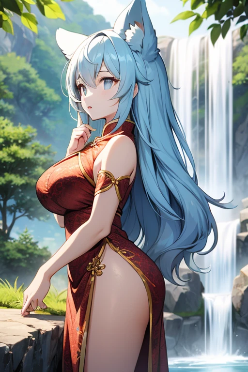 Animal ears girl A Chinese dress with a delicate design Big Breasts Catching water from a waterfall