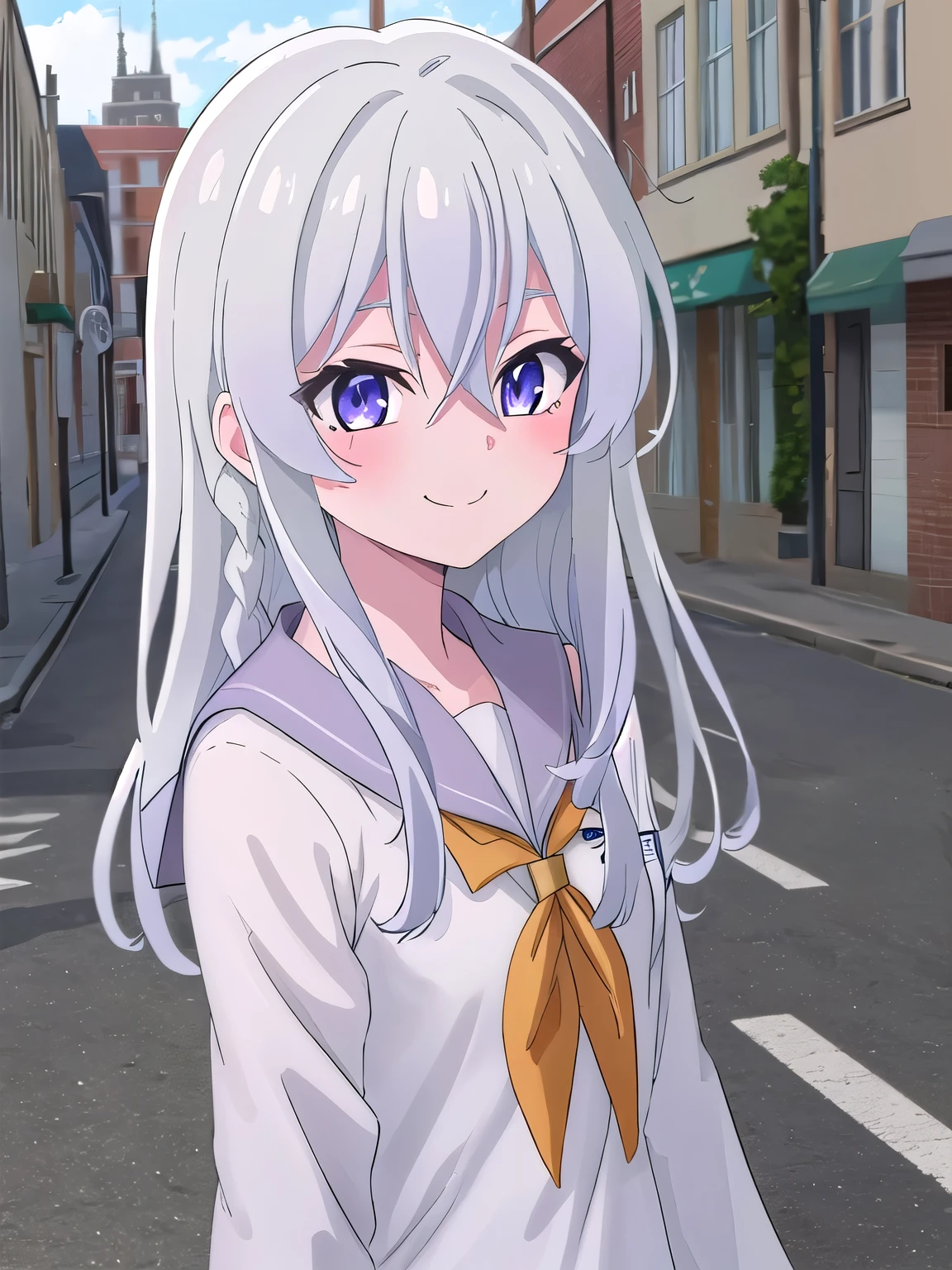 best quality, masterpiece, highres, solo, {elaina_majonotabitabi:1.10}, long_hair, bangs, hair_between_eyes, blue_eyes,  grey_hair, white_hair, braided_hair,  purple_eyes, 1girl, city, streets, smile, wearing Sailor Uniform, (sailor uniform:1.2), anime_coloring, standing, outdoor 