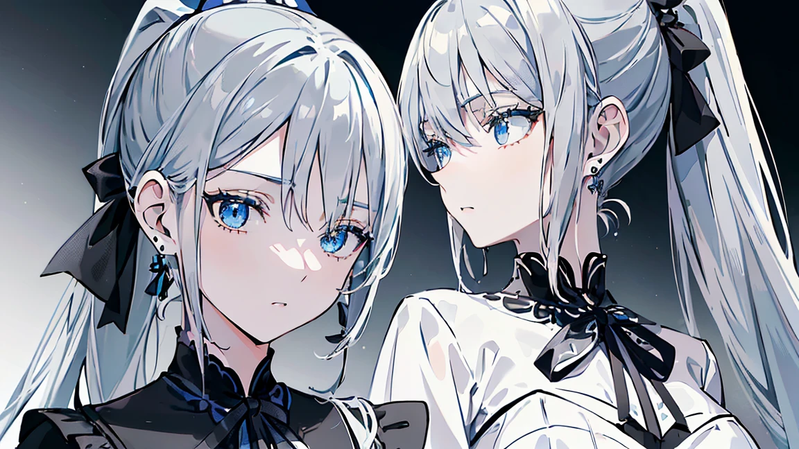 ((Beautiful and elegant girl)), Big Blue Eyes, 1. Slender women, Slightly larger breasts, ((Gray Hair),((Black ribbon ponytail,)),In 8K, highest quality, (Very detailed head: 1.0), (Highly detailed face: 1.0), (Highly detailed hair: 1.0),((Black Costume)、Jewelry Earrings,Detailed official artwork, Beautiful and detailed anime art,(Expressionless)