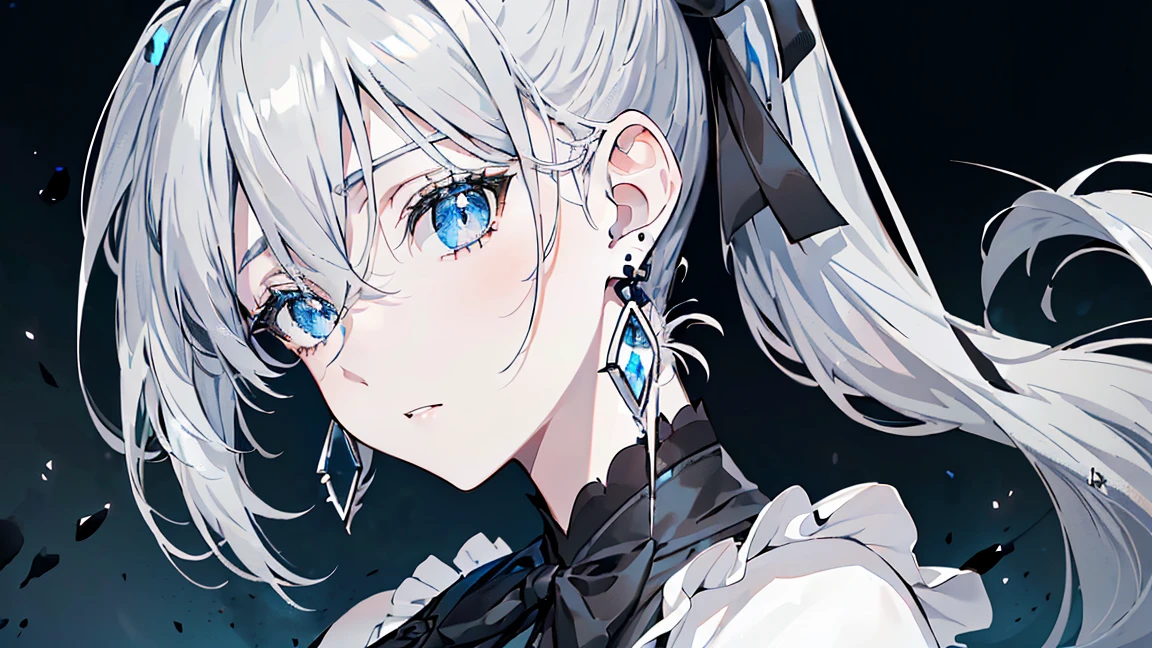 ((Beautiful and elegant girl)), Big Blue Eyes, 1. Slender women, Slightly larger breasts, ((Gray Hair),((Black ribbon ponytail,)),In 8K, highest quality, (Very detailed head: 1.0), (Highly detailed face: 1.0), (Highly detailed hair: 1.0),((Black Costume)、Jewelry Earrings,Detailed official artwork, Beautiful and detailed anime art,(Expressionless)