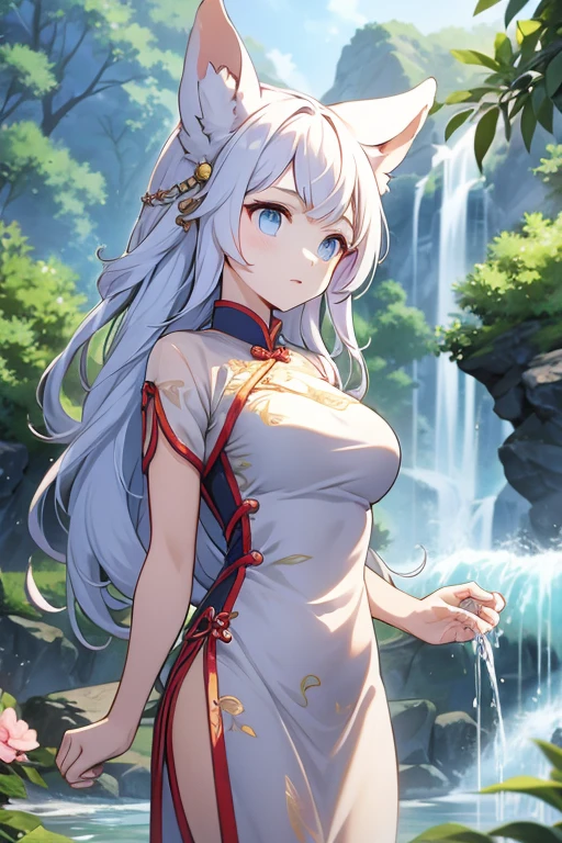 Animal ears girl A Chinese dress with a delicate design Big Breasts Receiving water from a waterfall over one's head